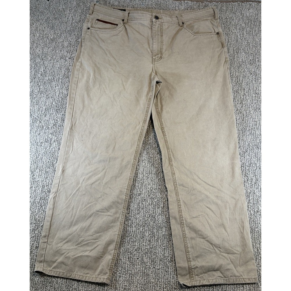 Vintage Orvis Pants Men 42x32* Beige Canvas Leather Trim Straight‎ Leg Workwear